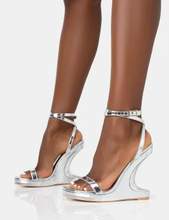 Public Desire A-List Mirror Barley There Wrap Around Platform Cut Out Wedge Heels | Women Barely There Heels