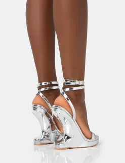 Public Desire A-List Mirror Barley There Wrap Around Platform Cut Out Wedge Heels | Women Barely There Heels