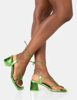 Public Desire Aloha Metallic Lace Up Block Mid Heeled Sandals | Women Sandals