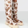 Public Desire Amber X Genius Cow Print Platform Knee High Chunky Sole Boot | Women Knee High Boots