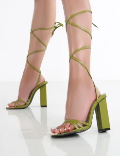 Public Desire Amira Olive Pu Lace Up Block Heels | Women Lace Up Heels
