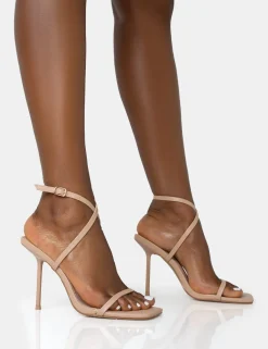 Public Desire Amy Nude Strappy Barely There Square Toe Stiletto Heels | Women Strappy Sandals