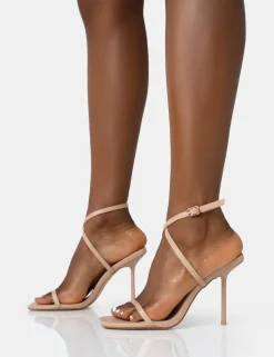 Public Desire Amy Nude Strappy Barely There Square Toe Stiletto Heels | Women Strappy Sandals