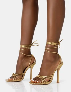 Public Desire Aspen Wide Fit Gold Knot Strap Lace Up Square Toe Stiletto Heels | Women Wide Fit Heels