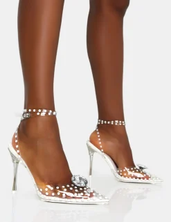 Public Desire Asscher Pearl Detail Diamante Broach Clear Perspex Wrap Around Pointed Toe Stiletto Heels | Women Court Heels