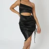 Public Desire Asymmetric Cut Out Ruched Satin Midi Dress | Women Dresses