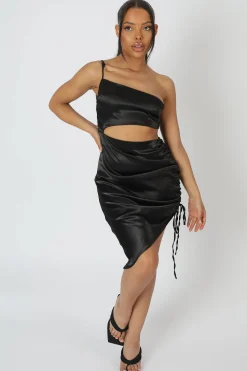 Public Desire Asymmetric Cut Out Ruched Satin Midi Dress | Women Dresses