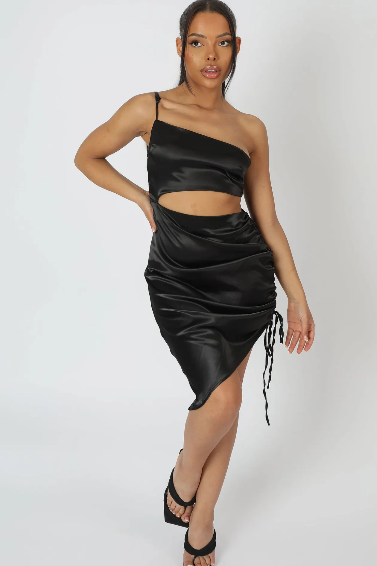 Public Desire Asymmetric Cut Out Ruched Satin Midi Dress | Women Dresses