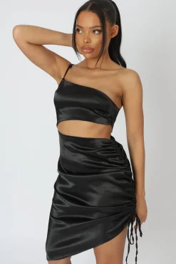 Public Desire Asymmetric Cut Out Ruched Satin Midi Dress | Women Dresses