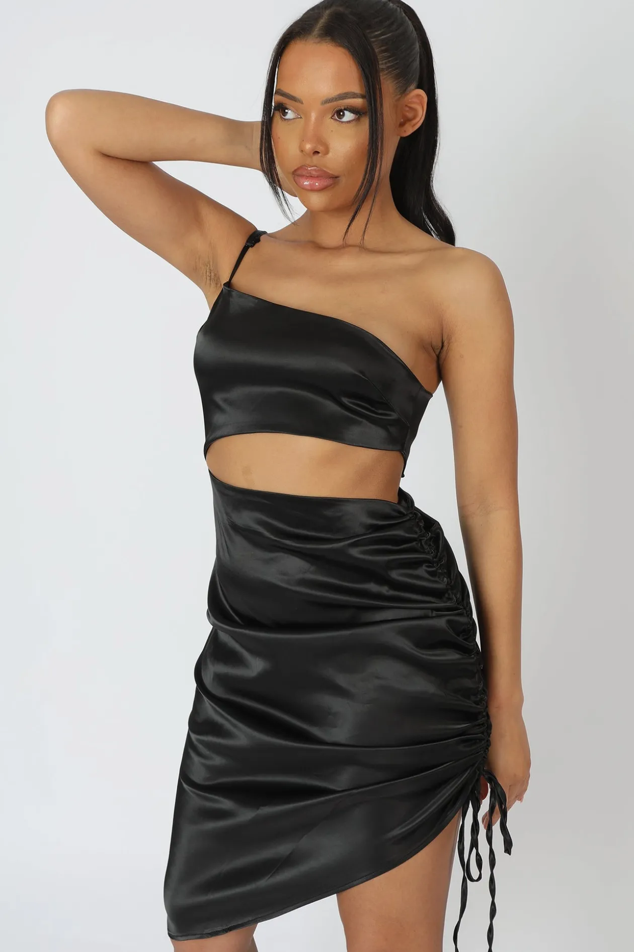 Public Desire Asymmetric Cut Out Ruched Satin Midi Dress | Women Dresses