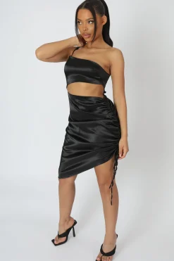 Public Desire Asymmetric Cut Out Ruched Satin Midi Dress | Women Dresses