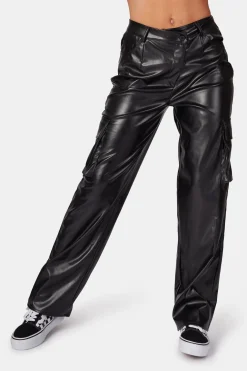 Public Desire Asymmetric Waistband Pu Cargo Trousers Black | Women Trousers