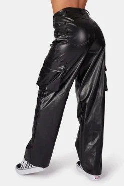 Public Desire Asymmetric Waistband Pu Cargo Trousers Black | Women Trousers