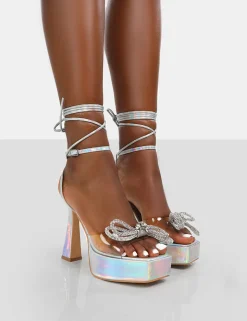 Public Desire Athena Holographic Platform Lace Up Bow Heels | Women Platform Heels