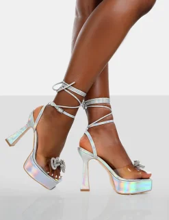 Public Desire Athena Holographic Platform Lace Up Bow Heels | Women Platform Heels