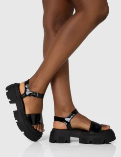 Public Desire Athens Patent Round Toe Chunky Flat Sandals | Women Chunky Sandals