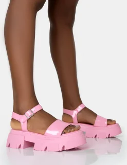 Public Desire Athens Pink Patent Round Toe Chunky Flat Sandals | Women Chunky Sandals