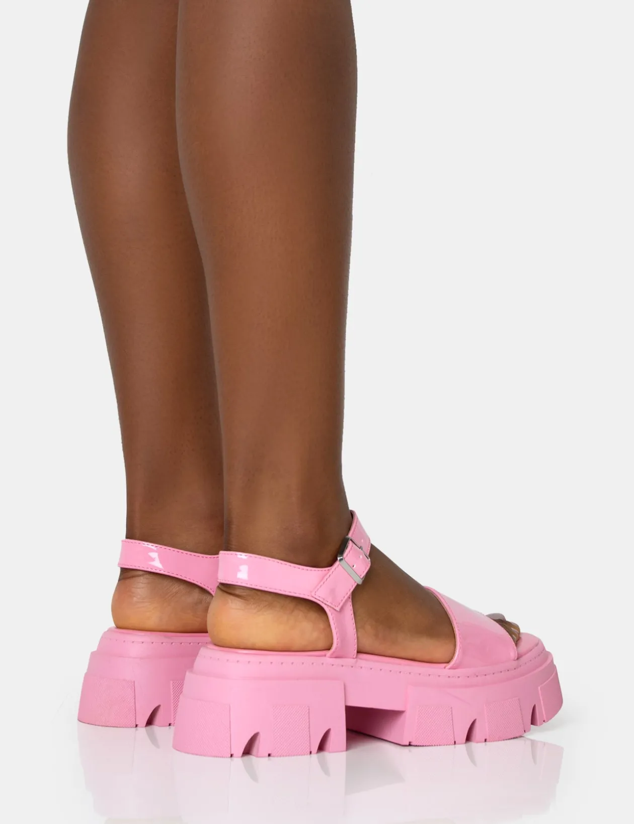 Public Desire Athens Pink Patent Round Toe Chunky Flat Sandals | Women Chunky Sandals