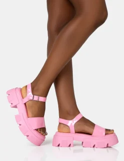 Public Desire Athens Pink Patent Round Toe Chunky Flat Sandals | Women Chunky Sandals