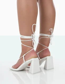 Public Desire Atlas Patent Square Toe Lace Up Flared Mid Block Heeled Sandals | Women Square Toe Heels