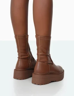 Public Desire Auden Mocha Pu Chunky Sole Ankle Boots | Women Chunky Boots
