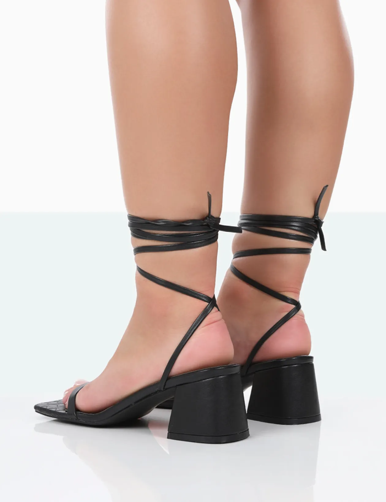 Public Desire Babeass Pu Sqaure Toe Lace Up Block Mid Heeled Sandals | Women Mid Heels