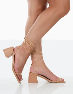 Public Desire Babeass Pu Sqaure Toe Lace Up Block Mid Heeled Sandals | Women Sandals