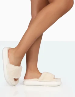 Public Desire Bashful Ecru Faux Fur Chunky Sole Slider Slippers | Women Sliders