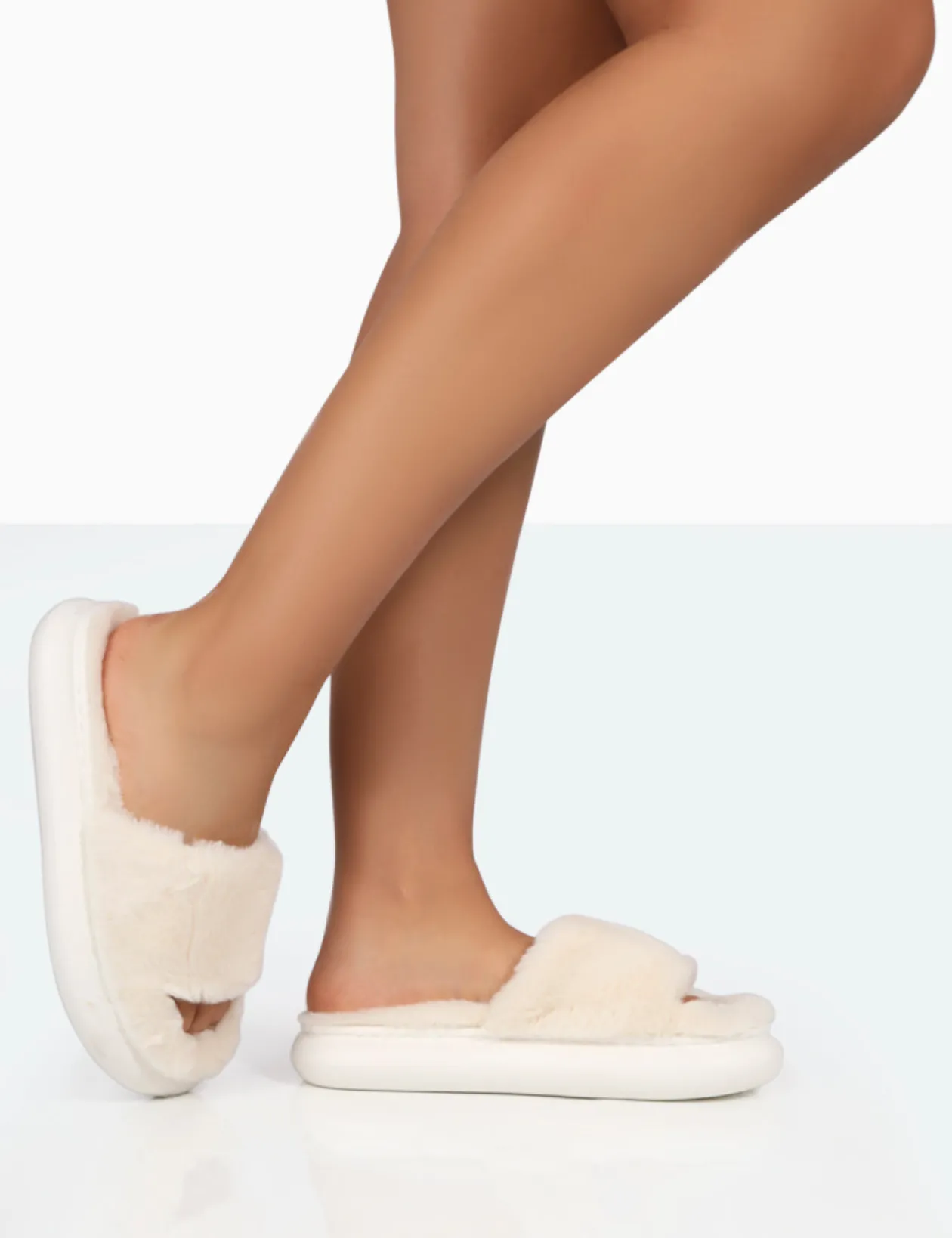 Public Desire Bashful Ecru Faux Fur Chunky Sole Slider Slippers | Women Sliders