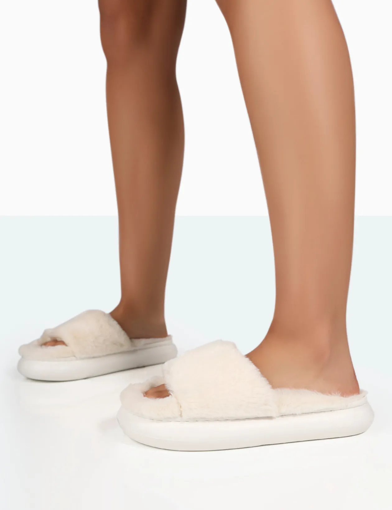 Public Desire Bashful Ecru Faux Fur Chunky Sole Slider Slippers | Women Sliders
