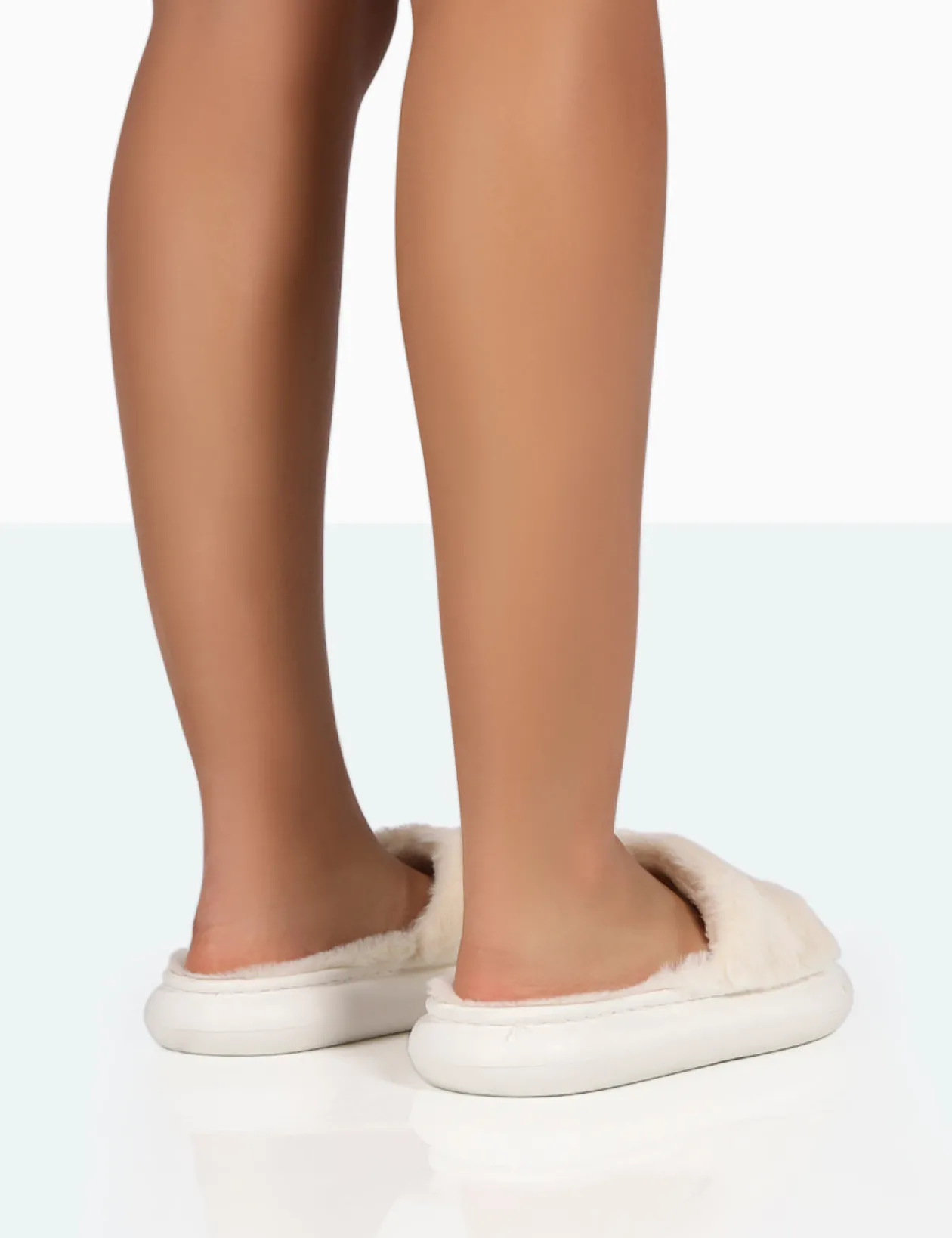 Public Desire Bashful Ecru Faux Fur Chunky Sole Slider Slippers | Women Sliders