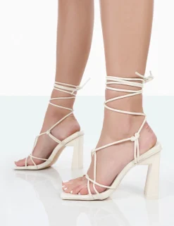 Public Desire Beauty Pu Square Toe Lace Up Block Mid Heeled Sandals | Women Square Toe Heels