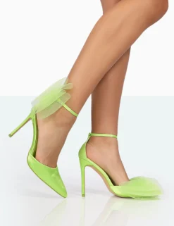 Public Desire Bell Lime Satin Statement Bow Court Pointed Toe Stiletto Heels | Women Court Heels