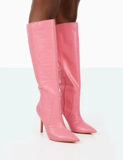 Public Desire Best Believe Croc Pointed Toe Heeled Stiletto Knee High Boots | Women Knee High Boots