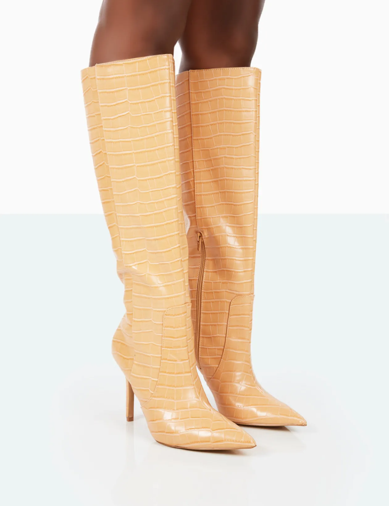 Public Desire Best Believe Croc Pointed Toe Stiletto Heeled Knee High Boots | Women Knee High Boots
