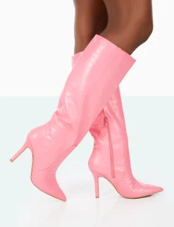 Public Desire Best Believe Croc Pointed Toe Heeled Stiletto Knee High Boots | Women Knee High Boots