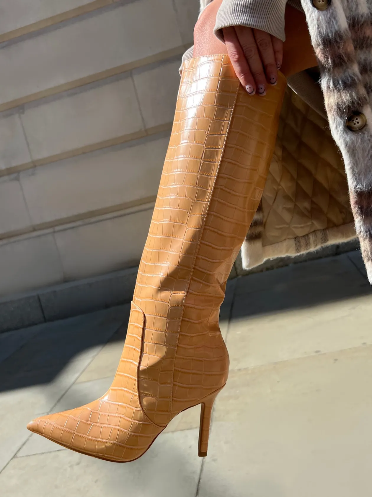 Public Desire Best Believe Croc Pointed Toe Stiletto Heeled Knee High Boots | Women Knee High Boots