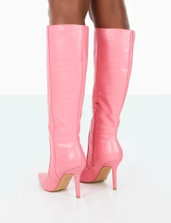 Public Desire Best Believe Croc Pointed Toe Heeled Stiletto Knee High Boots | Women Knee High Boots