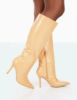 Public Desire Best Believe Croc Pointed Toe Stiletto Heeled Knee High Boots | Women Knee High Boots
