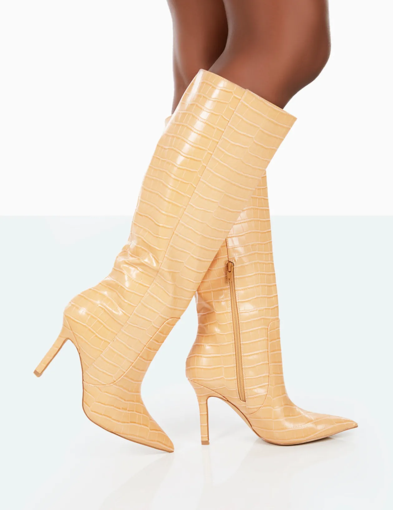 Public Desire Best Believe Croc Pointed Toe Stiletto Heeled Knee High Boots | Women Knee High Boots