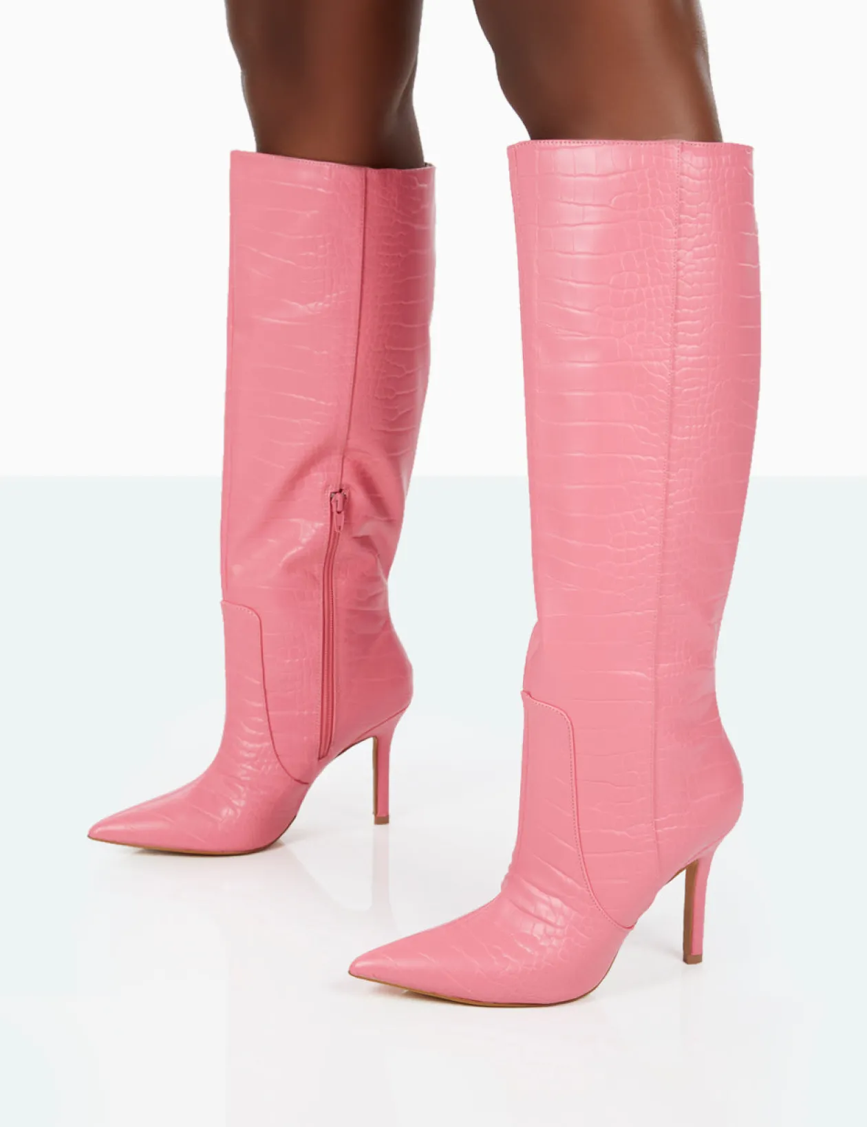 Public Desire Best Believe Croc Pointed Toe Heeled Stiletto Knee High Boots | Women Knee High Boots