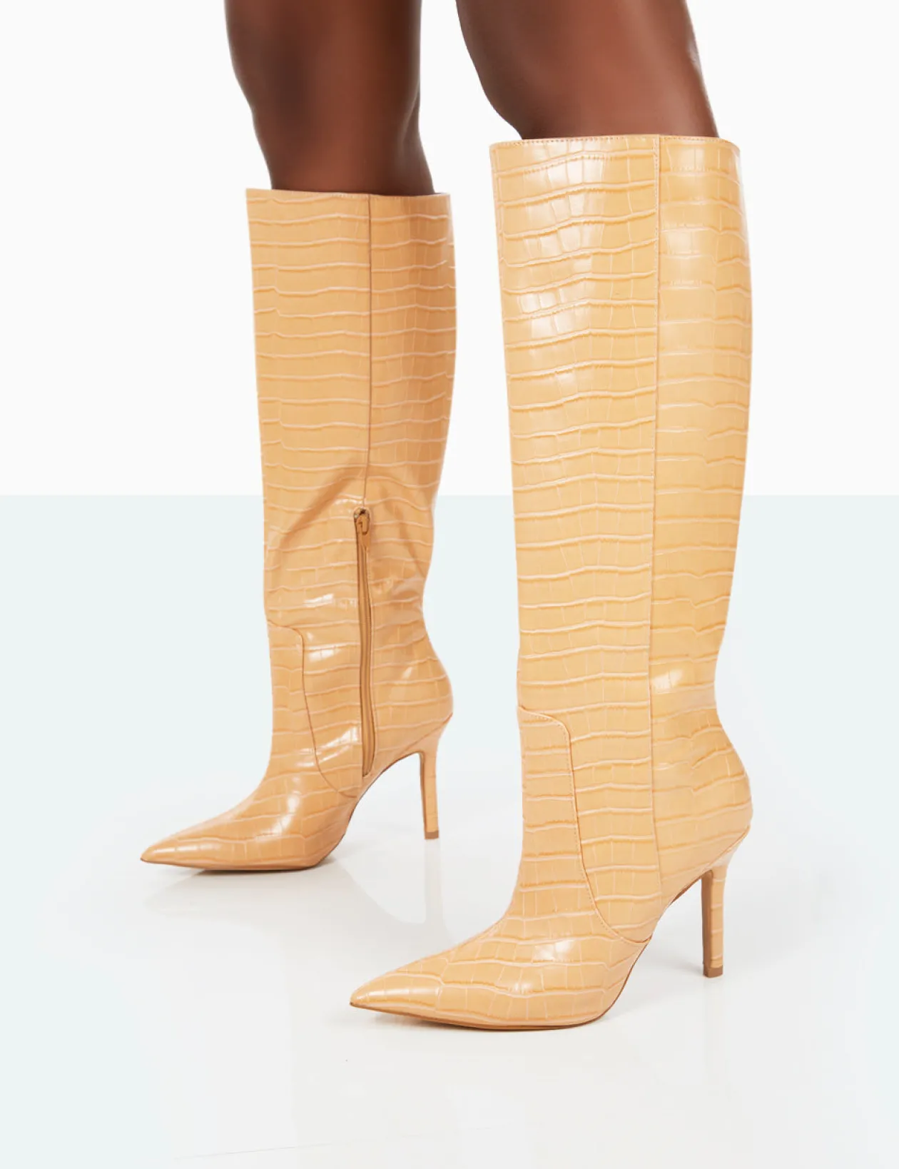 Public Desire Best Believe Croc Pointed Toe Stiletto Heeled Knee High Boots | Women Knee High Boots