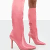Public Desire Best Believe Satin Pointed Toe Stiletto Heeled Knee High Boots | Women Knee High Boots