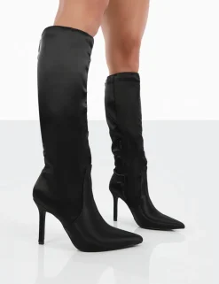 Public Desire Best Believe Satin Pointed Toe Stiletto Heeled Knee High Boots | Women Knee High Boots