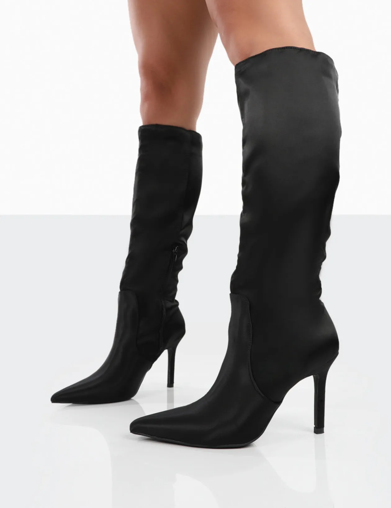 Public Desire Best Believe Satin Pointed Toe Stiletto Heeled Knee High Boots | Women Knee High Boots