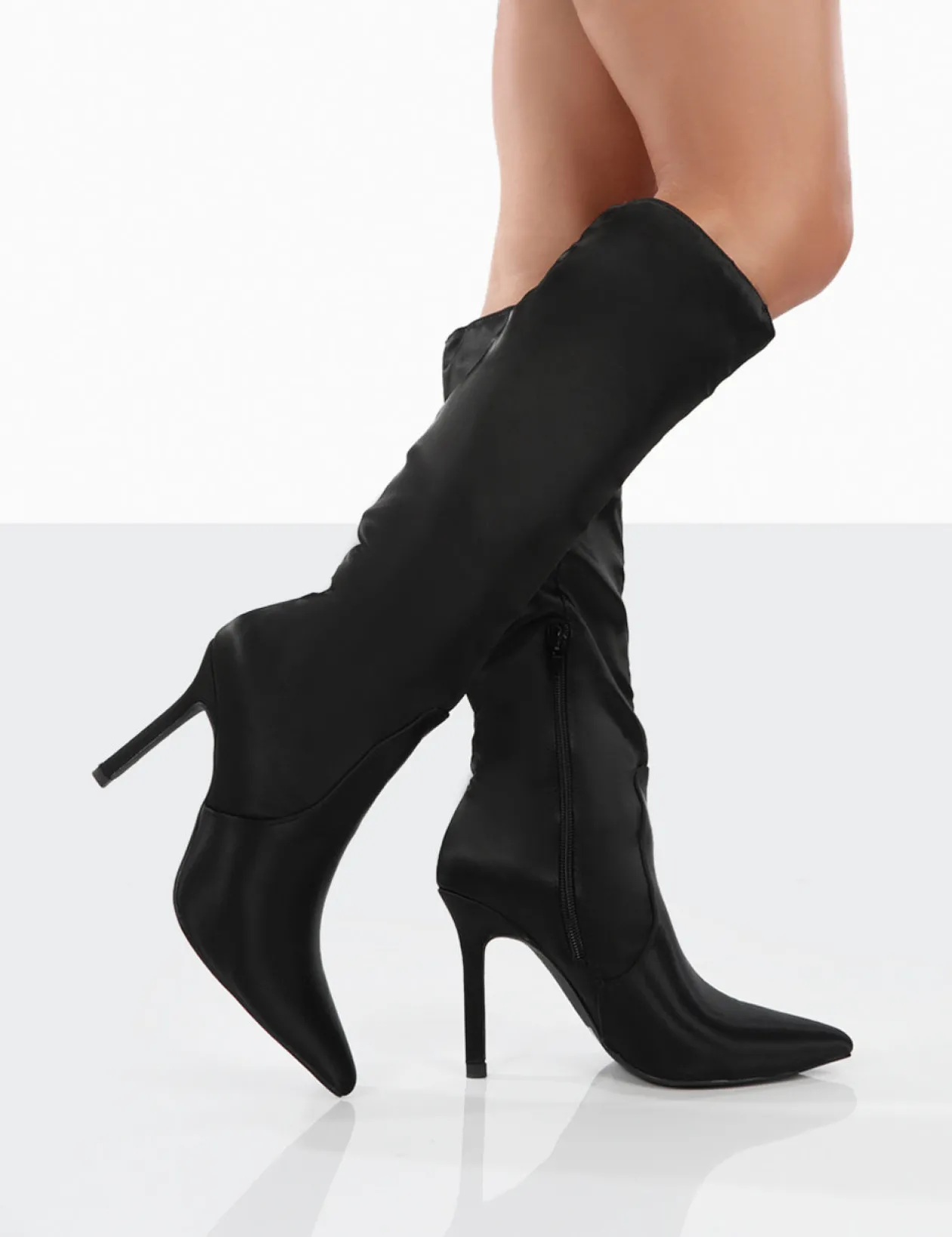 Public Desire Best Believe Satin Pointed Toe Stiletto Heeled Knee High Boots | Women Knee High Boots