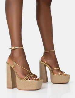 Public Desire Blissful Asymmetric Strappy Square Toe Raffia Platform Block Heels | Women Square Toe Heels