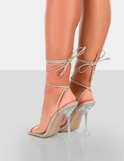 Public Desire Bly Patent Clear Perspex Cake Stand Lace Up Square Toe Heels | Women Square Toe Heels
