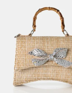 Public Desire Bow Natural Raffia Bamboo Handle Diamante Bow Grab Bag | Women Mini Bags