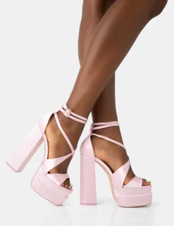 Public Desire Breanna Baby Pink Satin Strappy Ankle Extreme Double Platform Block Heels | Women Platform Heels